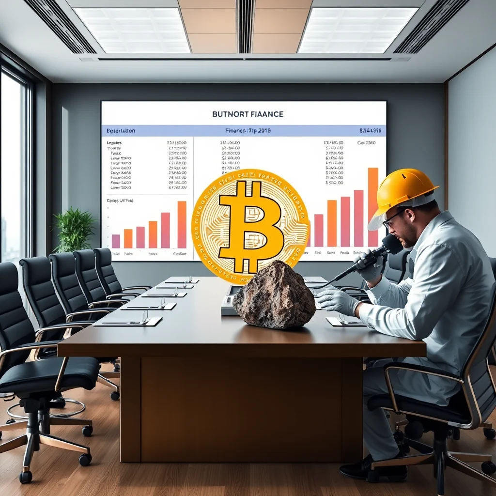 Mężczyzna w żółtym kasku siedzi przy stole konferencyjnym i patrzy na duży symbol Bitcoin. Obok znajduje się grudka minerału. Na ekranie w tle widać wykresy i tabele.