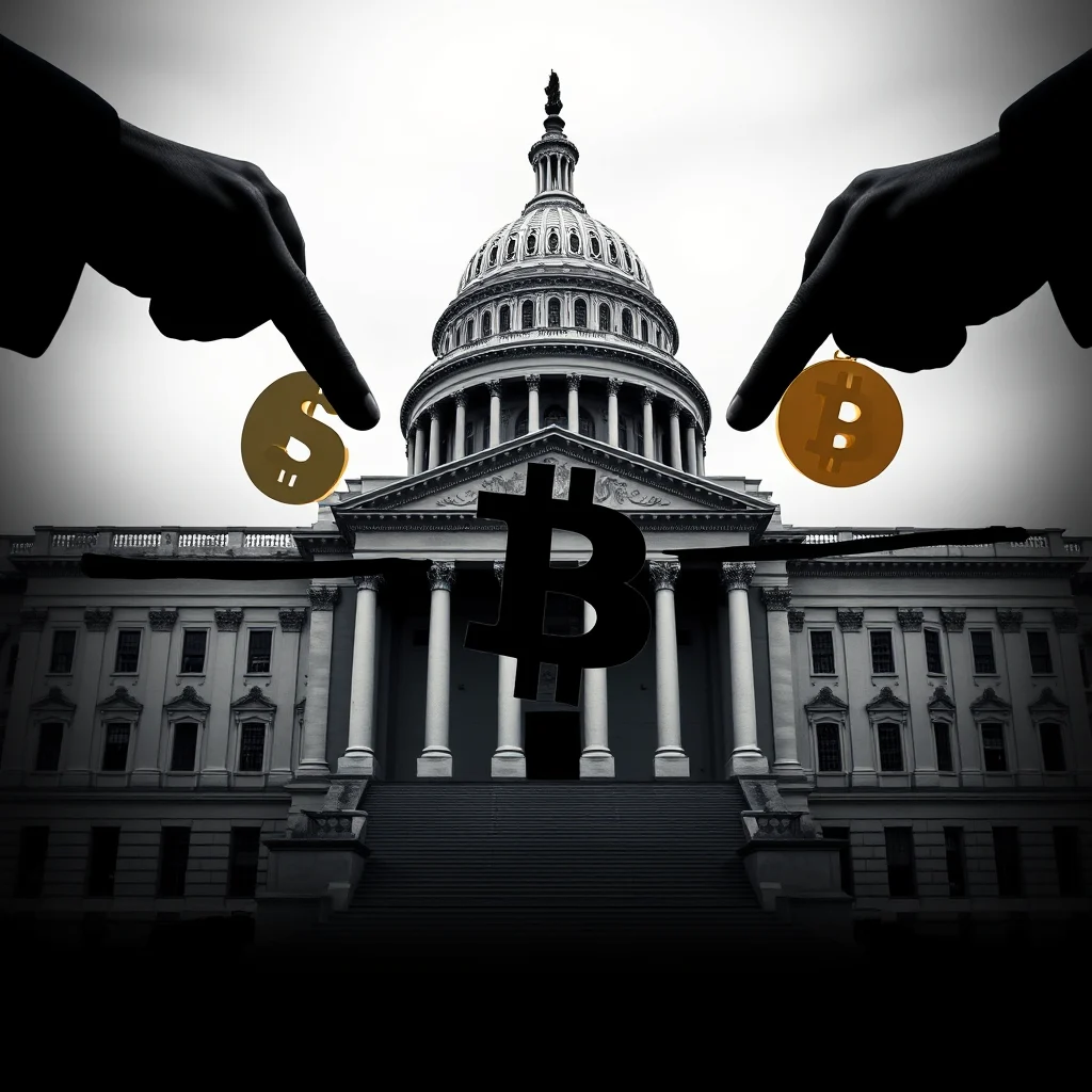 Sylwetki rąk wskazują na siebie nawzajem w kierunku budynku Kapitolu USA, podczas gdy jedna ręka pokazuje symbol dolara, a druga symbol Bitcoin, z dużym czarnym symbolem Bitcoin na środku budowli.