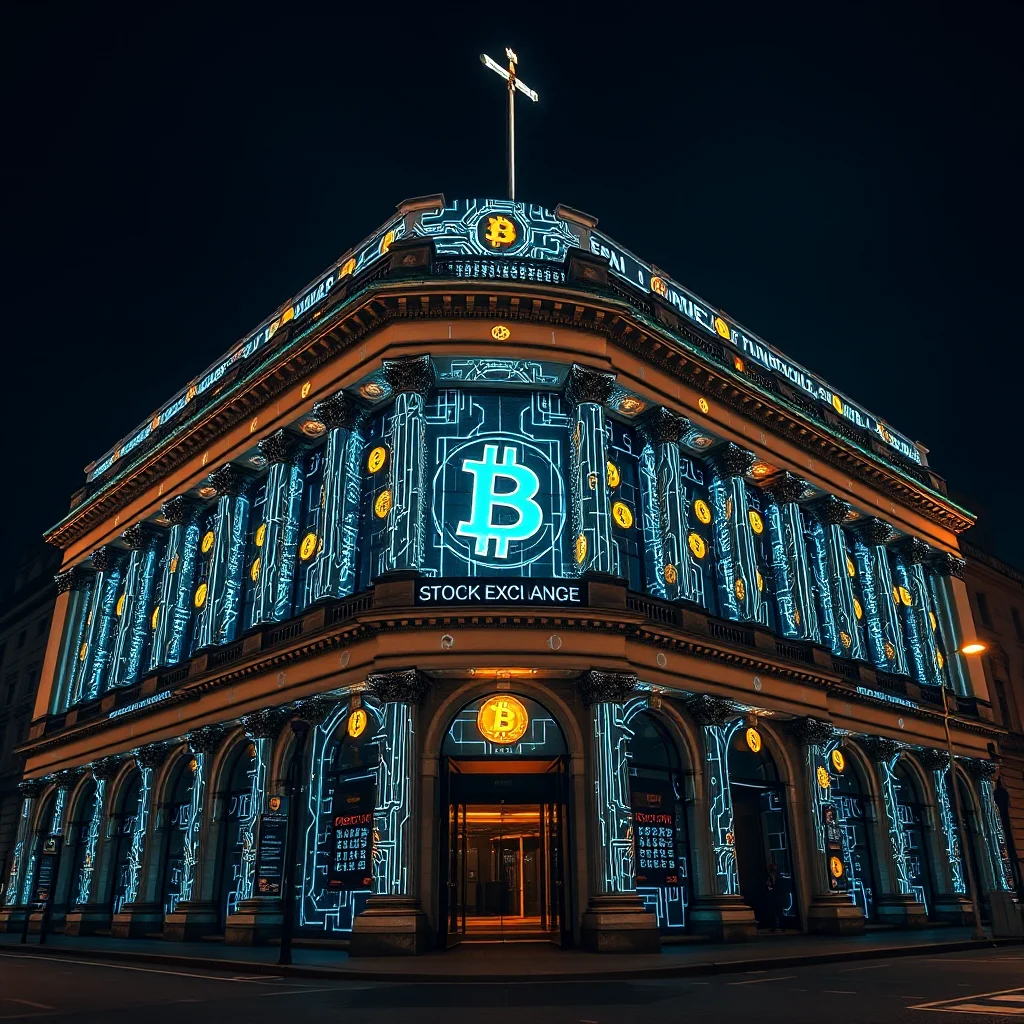 Budynek giełdy z neonowymi iluminacjami w kształcie symbolu Bitcoin i obwodów drukowanych, nocą.