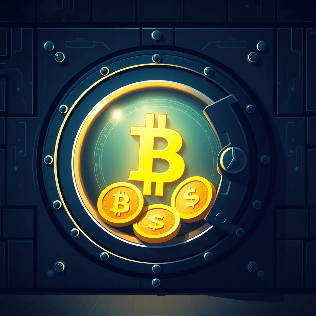Złoty symbol Bitcoin i monety z symbolem dolara w sejfie z metalu.