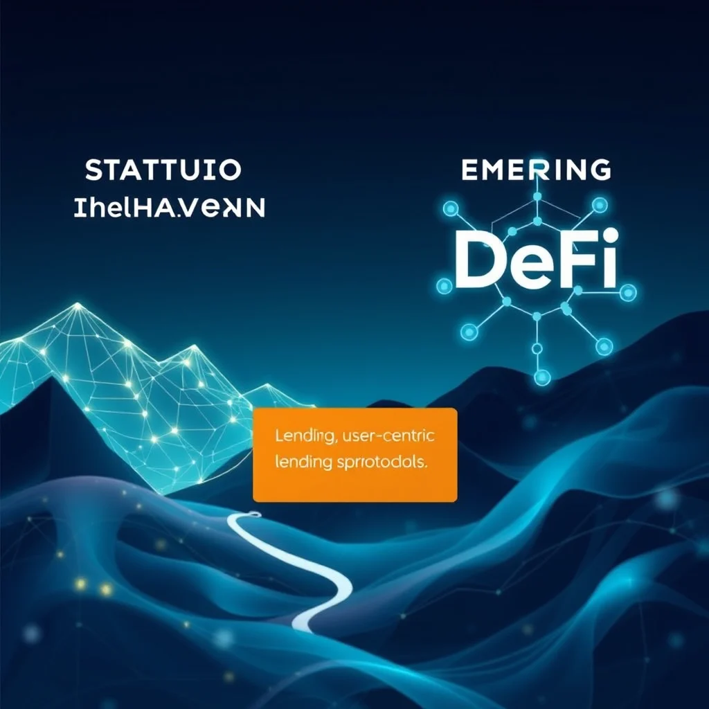 Niebieskie tło z grafiką gór w stylu low-poly po lewej stronie i logo DeFi po prawej. Na górze po lewej napis "STATTUIO IhelHAVenn", a po prawej "EMERING DeFi". Pośrodku na pomarańczowym tle znajduje się tekst "Lending, user-centric lending spriprotodals."