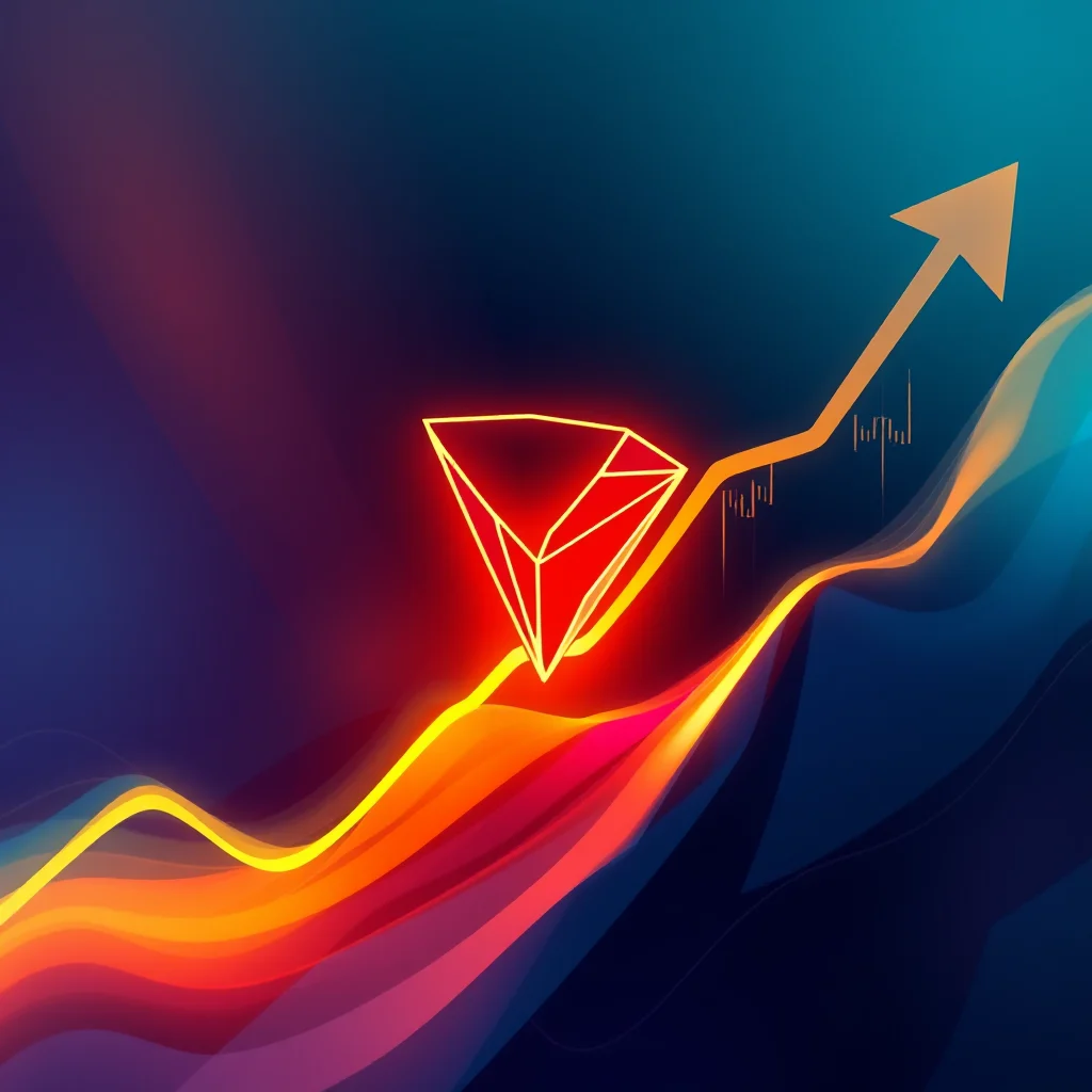 Neonowy symbol TRON na czerwono-żółtym tle z rosnącą strzałką i wykresem świecowym w tle.