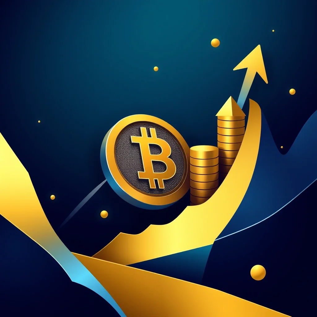 Złoty symbol Bitcoina na tle wykresu wzrostu z monetami i strzałką w górę.