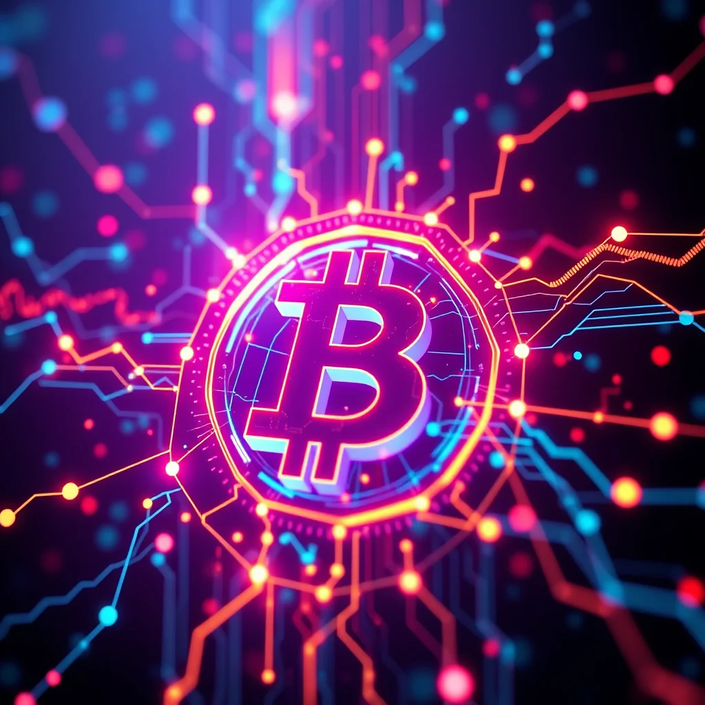 Grafika z symbolem Bitcoina w centrum, otoczona neonowymi liniami i kropkami, przypominającymi schemat obwodu elektronicznego.