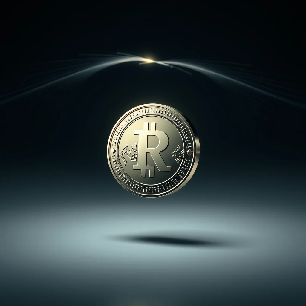 Złota moneta z symbolem Bitcoin w centrum, unosząca się nad ciemnym tłem.