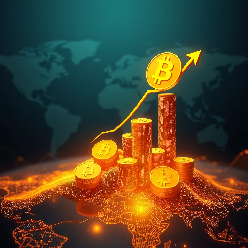Złote monety z symbolem Bitcoina na tle mapy świata, przedstawiające wzrost i sukces w kryptowalutach.