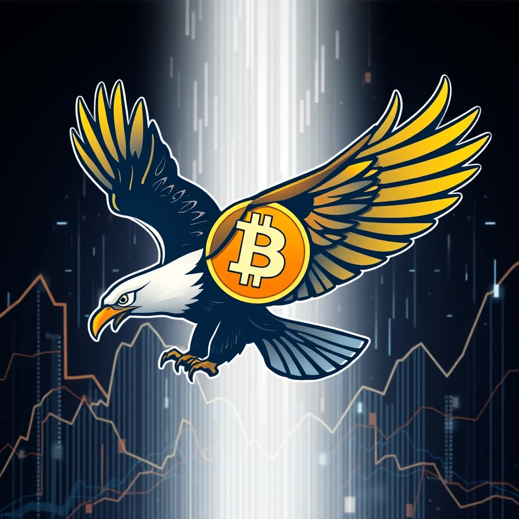 Orzeł z symbolem Bitcoin na skrzydle na tle wykresów giełdowych i pionowych, jasnych pasm światła.