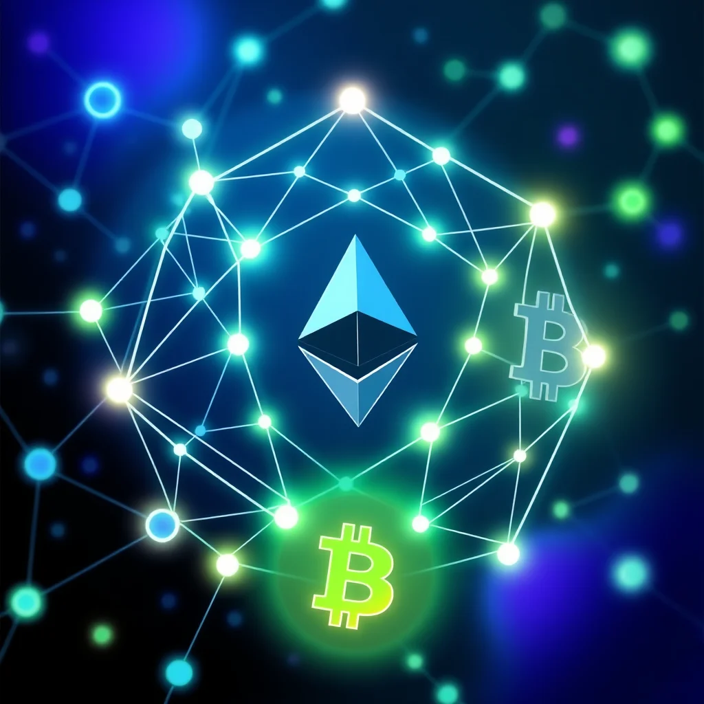 Grafika przedstawiająca symbol Ethereum i dwa symbole Bitcoin otoczone połączonymi liniami i punktami, tworzącymi sieć, z tłem w odcieniach niebieskiego i fioletowego.