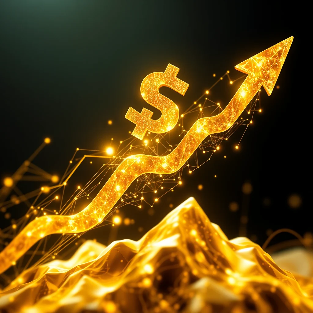Złoty symbol dolara i strzałka skierowana w górę, symbolizujące wzrost finansowy, unoszą się nad górzystym krajobrazem ze złotymi wierzchołkami.