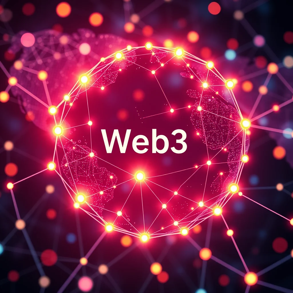 Jasny neonowy napis "Web3" na tle świecącej, połączonej sieci punktów i linii, przypominającej kulę ziemską w czerwonych i różowych barwach.