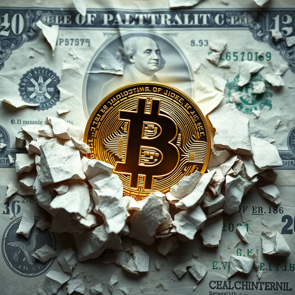 Złoty bitcoin leży pośród postrzępionych fragmentów banknotu dolarowego z wizerunkiem Jerzego Waszyngtona.