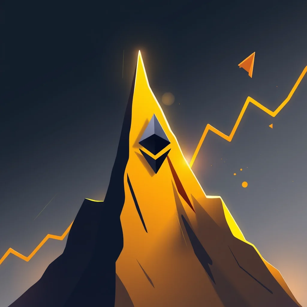 Ethereum symbol umieszczony na szczycie góry w złotym świetle, z wykresem cenowym w tle, symbolizującym wzrost.