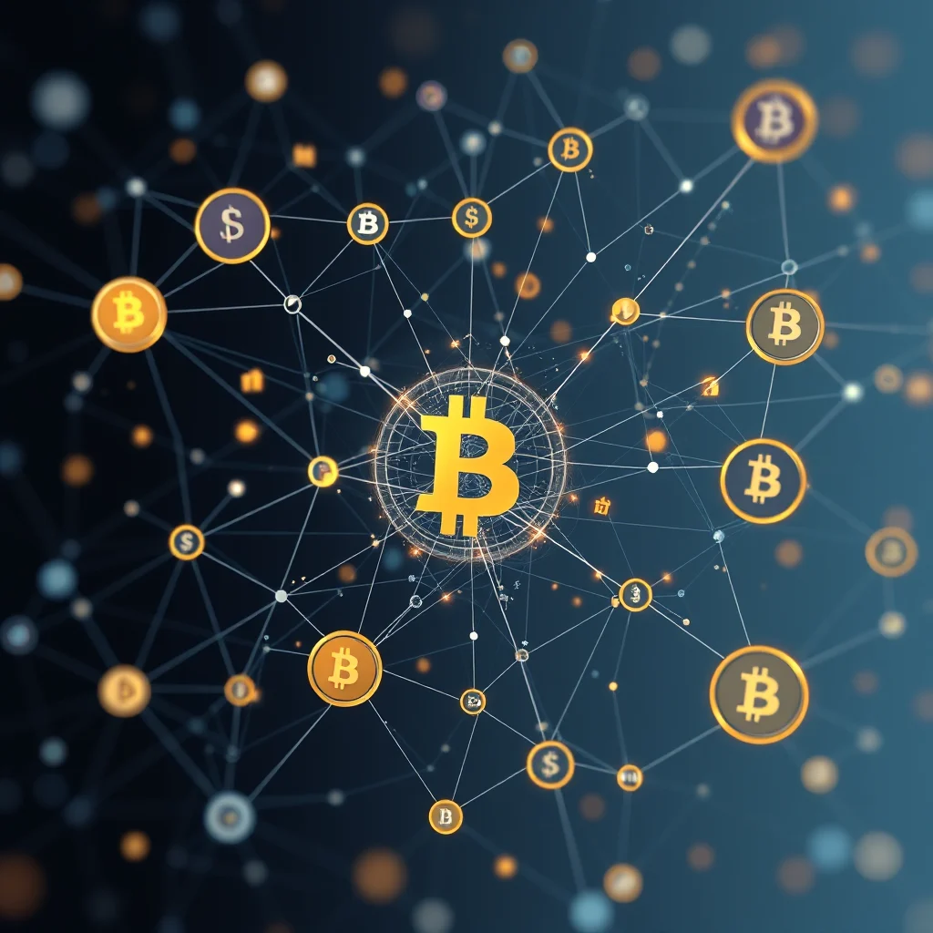 Grafika cyfrowa przedstawiająca sieć połączonych ze sobą złotych symboli Bitcoina i dolarów na ciemnoniebieskim tle.