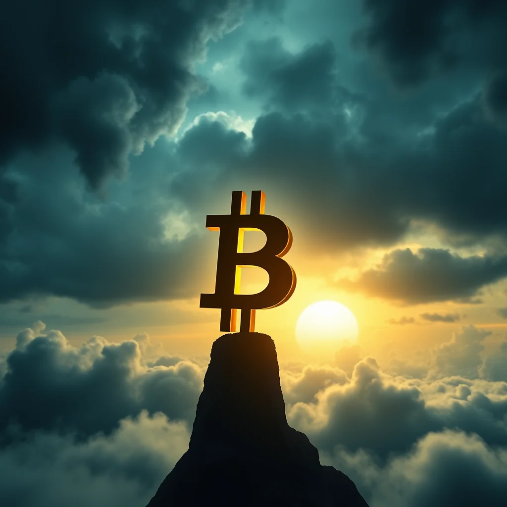 Złoty symbol Bitcoin na szczycie góry nad morzem chmur o zachodzie słońca.