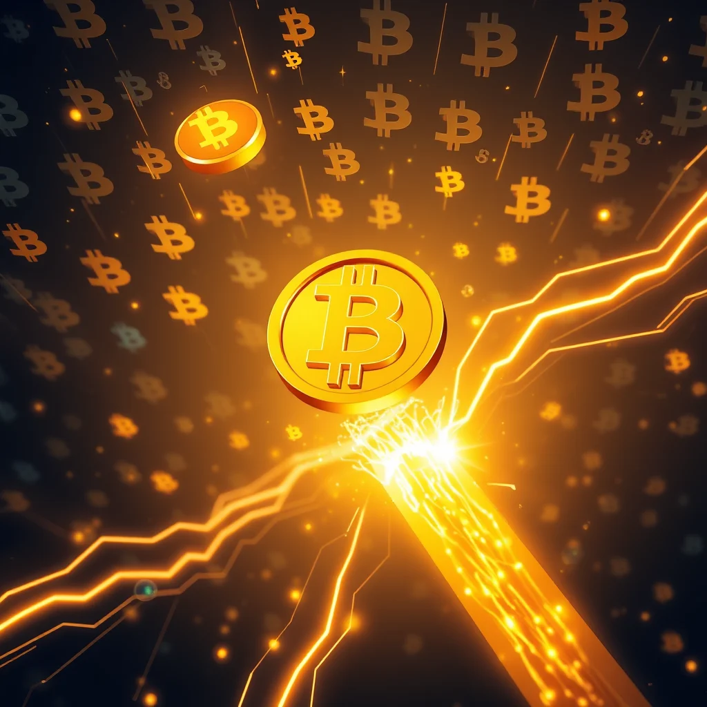 Złote monety Bitcoin lewitujące na ciemnym tle, oświetlone jarzącymi się liniami energii.