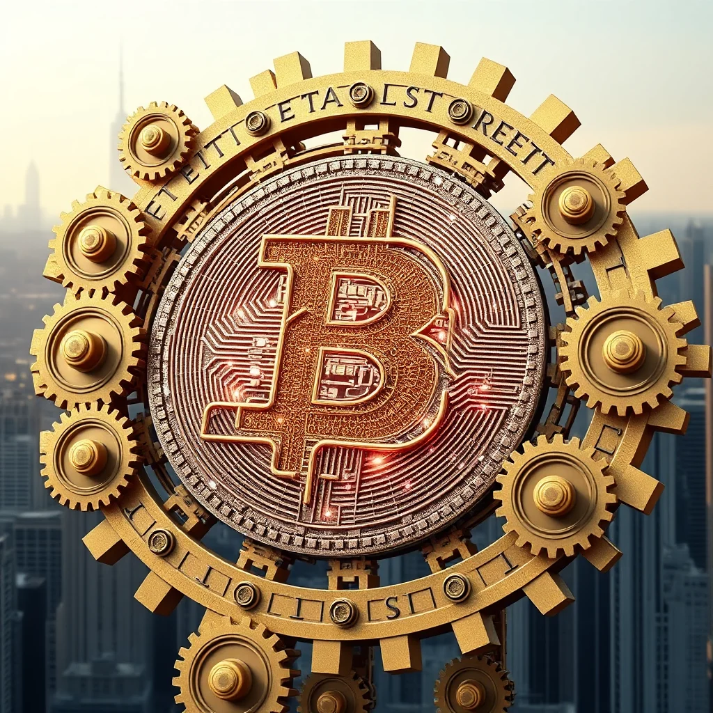 Złoty mechanizm z kołami zębatymi otacza błyszczący medalion z symbolem Bitcoina na tle miejskiej panoramy.