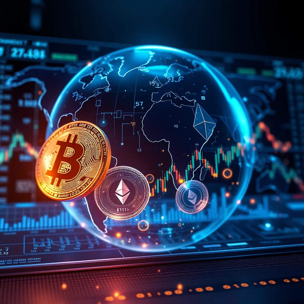 Złota moneta z symbolem Bitcoin obok okrągłego elementu z symbolem Ethereum, umieszczone przed świetlistą, przezroczystą globusową projekcją świata z widocznymi danymi i wykresami finansowymi na tle.