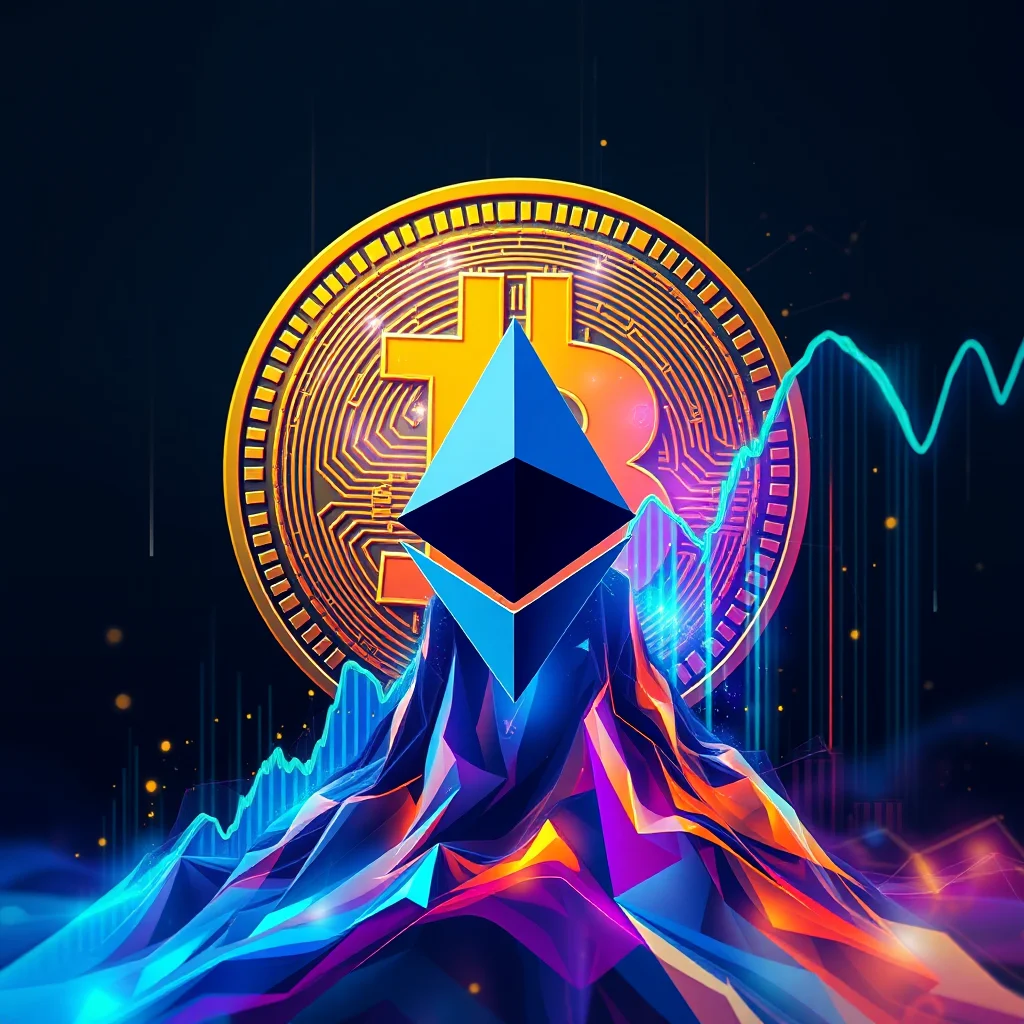 Grafika przedstawia symbol Ethereum na tle symbolu Bitcoin, oba na tle kolorowych wykresów giełdowych.