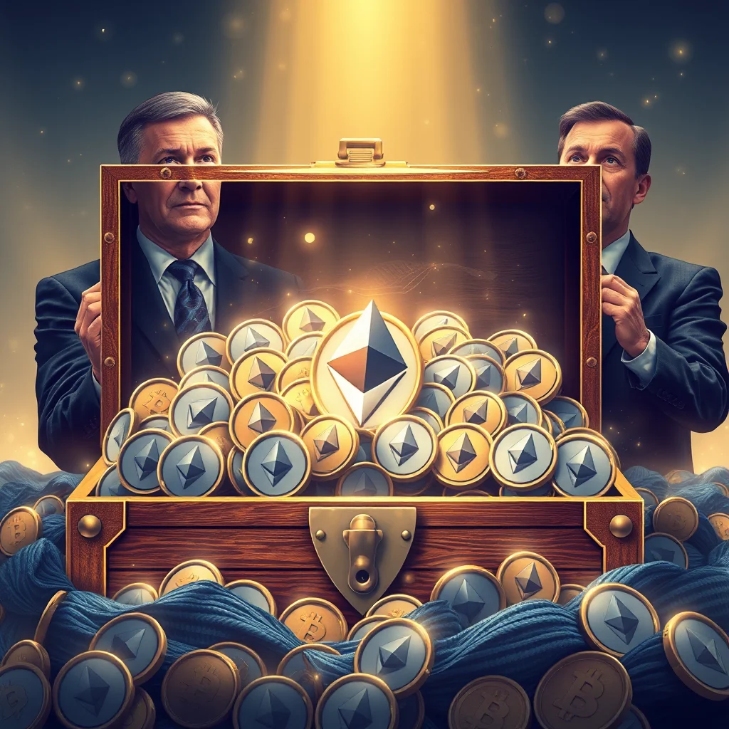 Skarbiec pełen kryptowalut Ethereum, otoczony przez dwóch biznesmenów w garniturach, oświetlony złotym światłem.