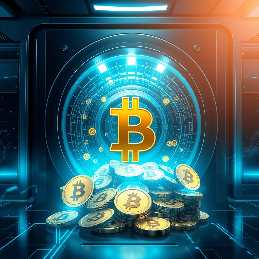 Złoty symbol Bitcoina na tle niebieskiego, technologicznego tunelu, otoczony stertą złotych monet z symbolem Bitcoina.