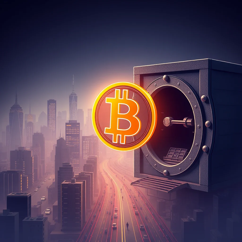 Duży sejf stojący na dachu budynku w mieście, z otwartymi drzwiczkami i świecącym symbolem Bitcoin na tle panoramy miasta.