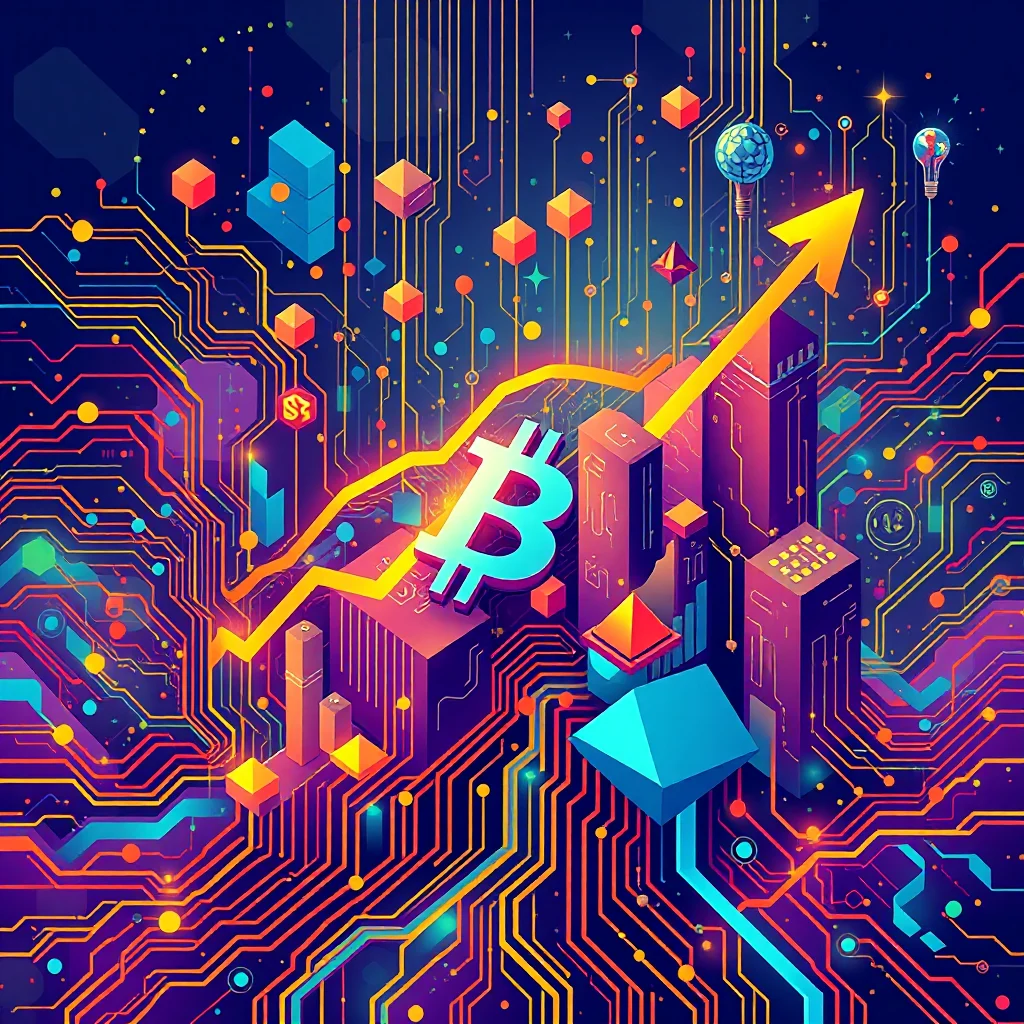 Cyfrowy krajobraz z wizualizacją danych z Bitcoin, schematami obwodów i rosnącym wykresem.