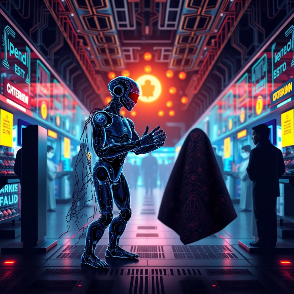 Cyberpunkowy robot stoi naprzeciwko zasłoniętej postaci w futurystycznym korytarzu z neonowymi światłami i panelami z obwodami.