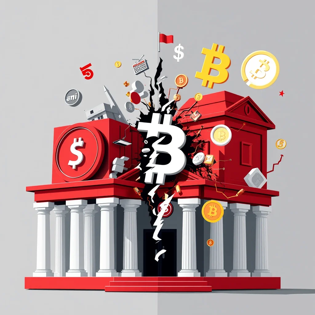 Rozłamany budynek banku z symbolem Bitcoina w środku, symbolami dolara, monetami i innymi elementami finansowymi unoszącymi się wokół.
