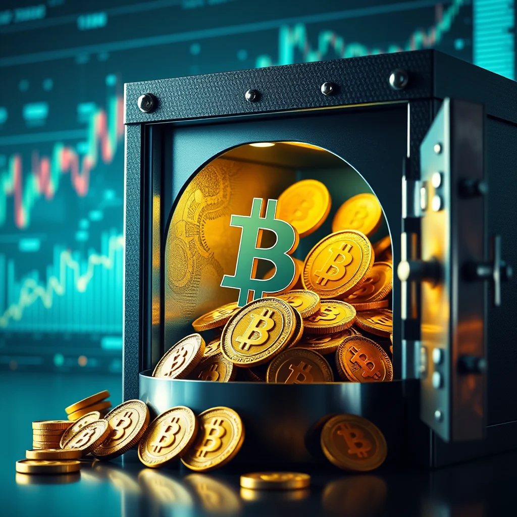Skarbiec wypełniony złotymi monetami z symbolem Bitcoina, na tle wykresów finansowych.