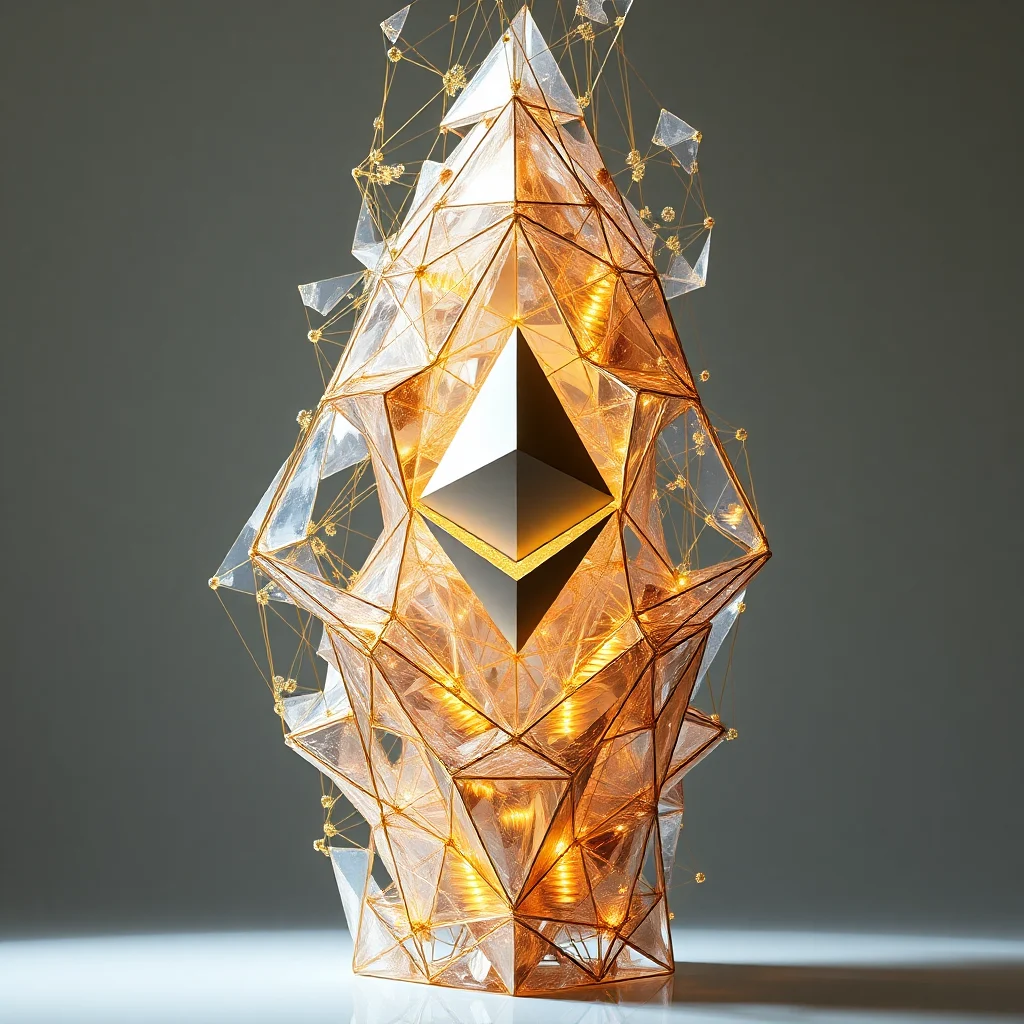 Wysoce szczegółowa, geometryczna rzeźba w kształcie diamentu z wyrazistym symbolem Ethereum w centrum, wykonana z przezroczystych kryształów i złotych elementów, z ciepłym, wewnętrznym blaskiem i delikatnym połączeniem sieci w tle.