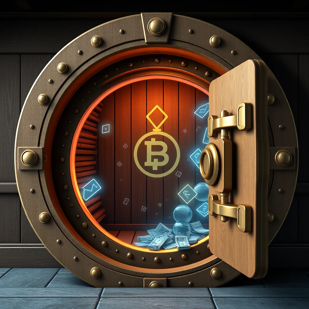 Otwarty oświetlony wirtualny sejf z dużym złotym symbolem Bitcoina pośrodku, mnóstwo świecących ikon kryptowalut unoszących się w środku, a także kilka niebieskich kryształowych kul i stos banknotów na podłodze.