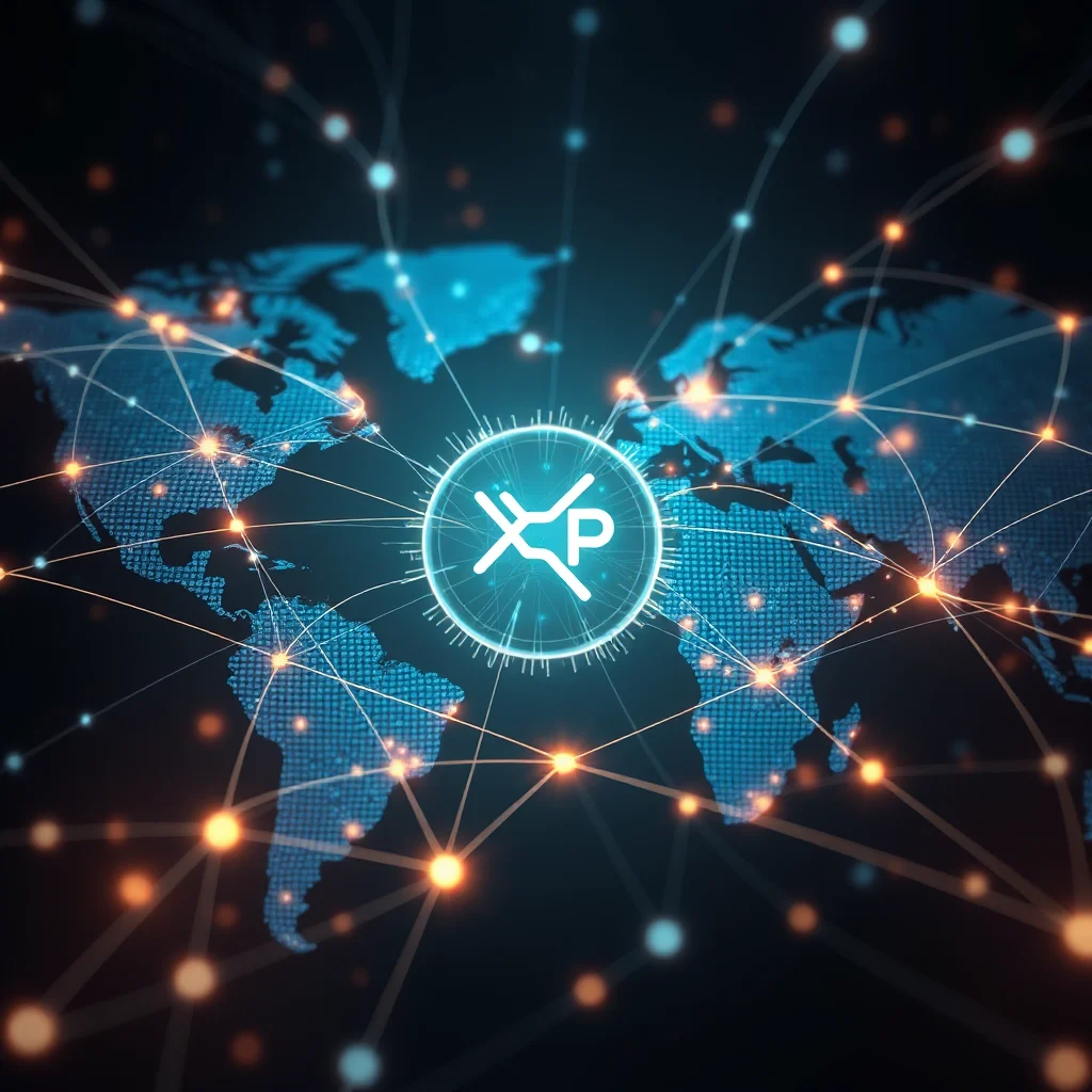 Logo XRP otoczone cyfrową siecią rozciągającą się po powierzchni świata.