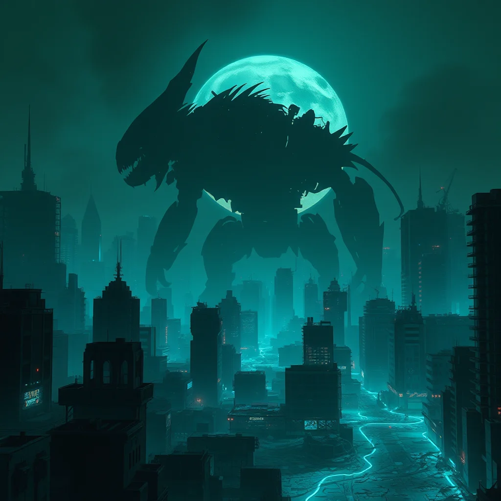Ogromny potwór mechaniczny stoi na tle turkusowego księżyca nad mrocznym, cyberpunkowym miastem.