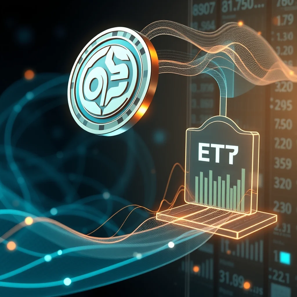 Cyfrowa moneta z symbolem waluty lub kryptowaluty, połączona za pomocą falistej linii danych z neonowym ekranem laptopa wyświetlającym wykres słupkowy i tekst "ETP", na tle wykresów finansowych i danych.