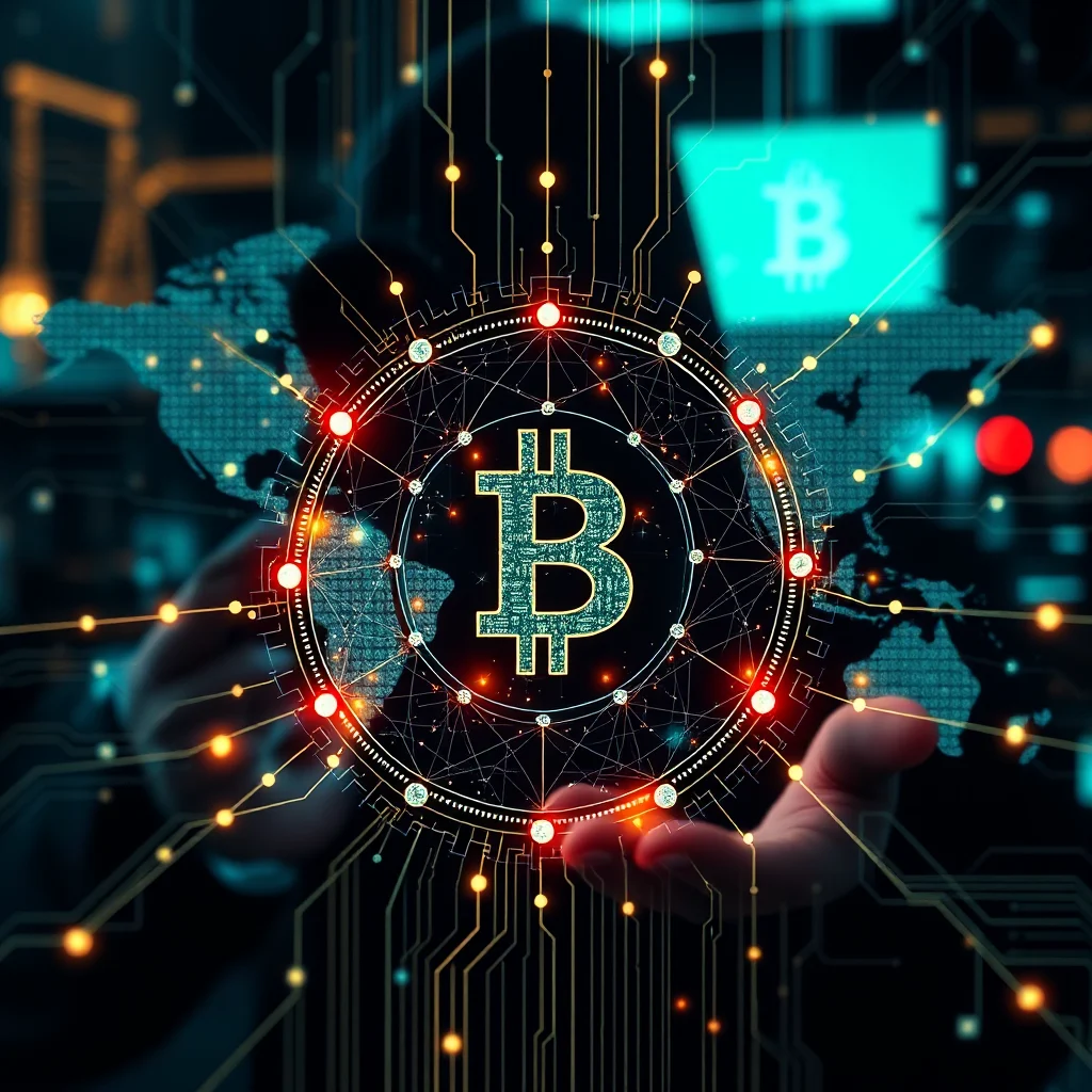 Osoba trzyma w dłoniach stylizowany symbol Bitcoina na tle cyfrowej mapy świata i obwodów elektronicznych.