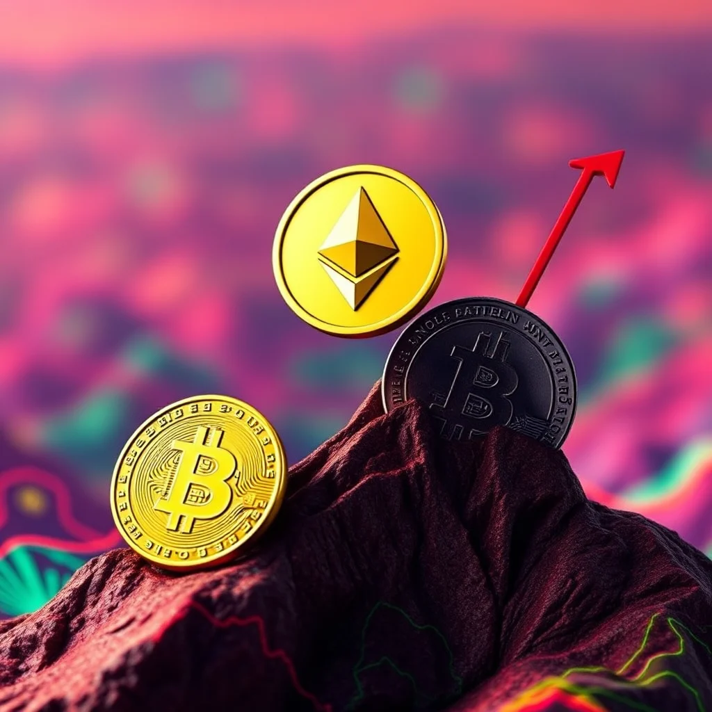 Złoty symbol Bitcoina i Ethereum unoszą się na szczycie góry, podczas gdy czarny Bitcoin znajduje się obok czerwonej strzałki wzrostu, sugerując wzrost wartości kryptowalut.