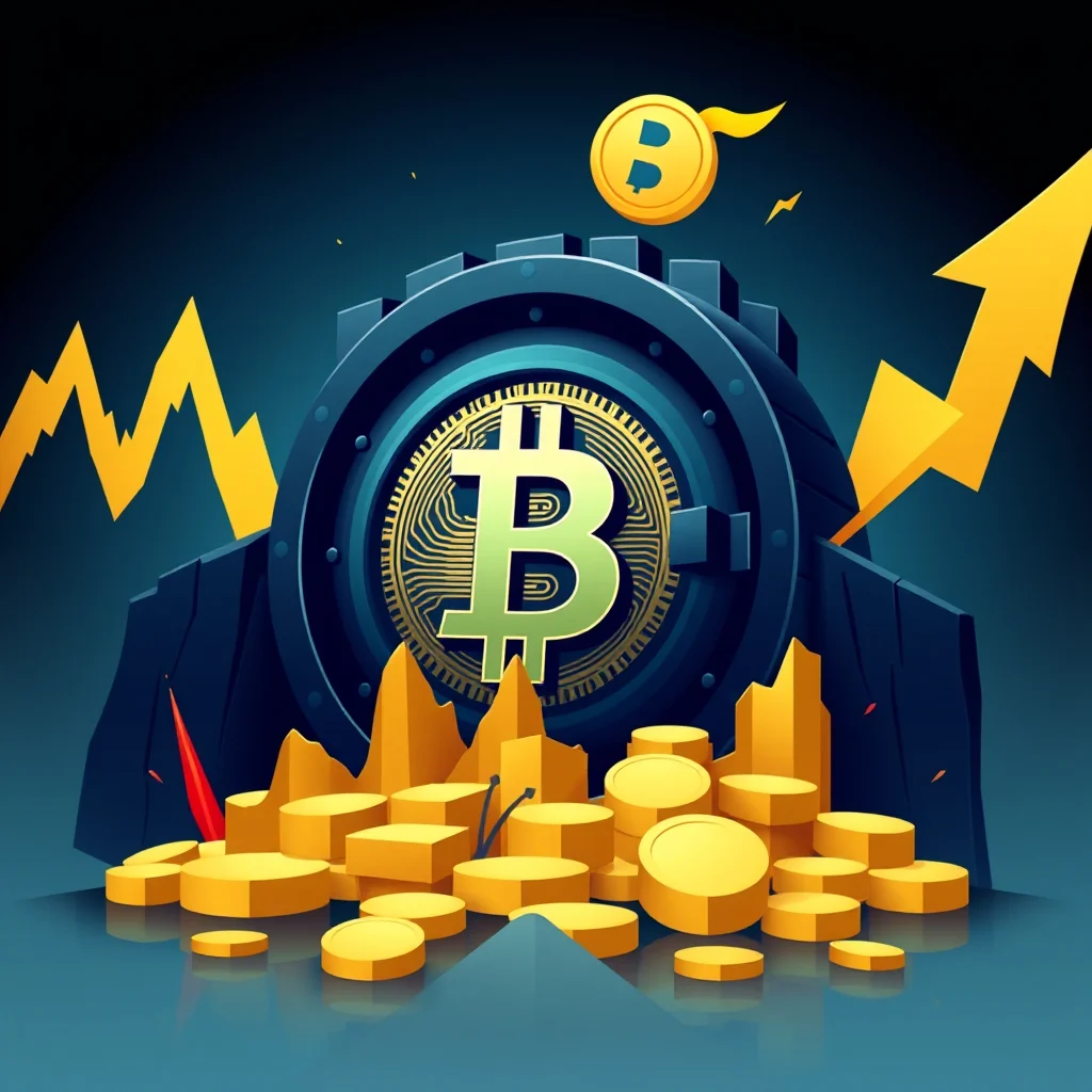 Grafika przedstawiająca koło fortuny z symbolem Bitcoin w środku, otoczone złotymi monetami i wykresami wzrostu.