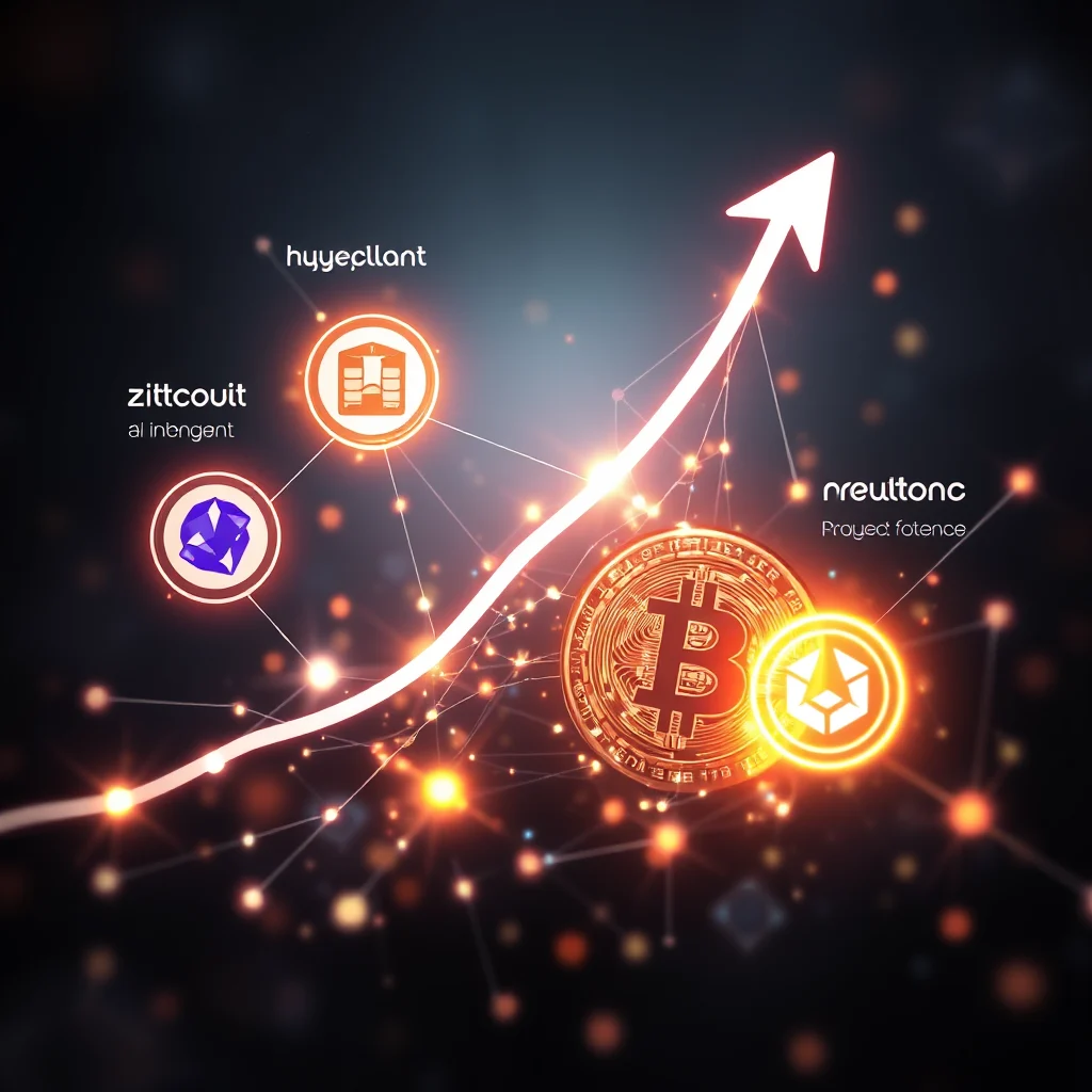 Grafika przedstawia wykres wzrostu cen kryptowalut, z ikonami i nazwami projektów kryptograficznych, z których niektóre są połączeniami sieciowymi.
