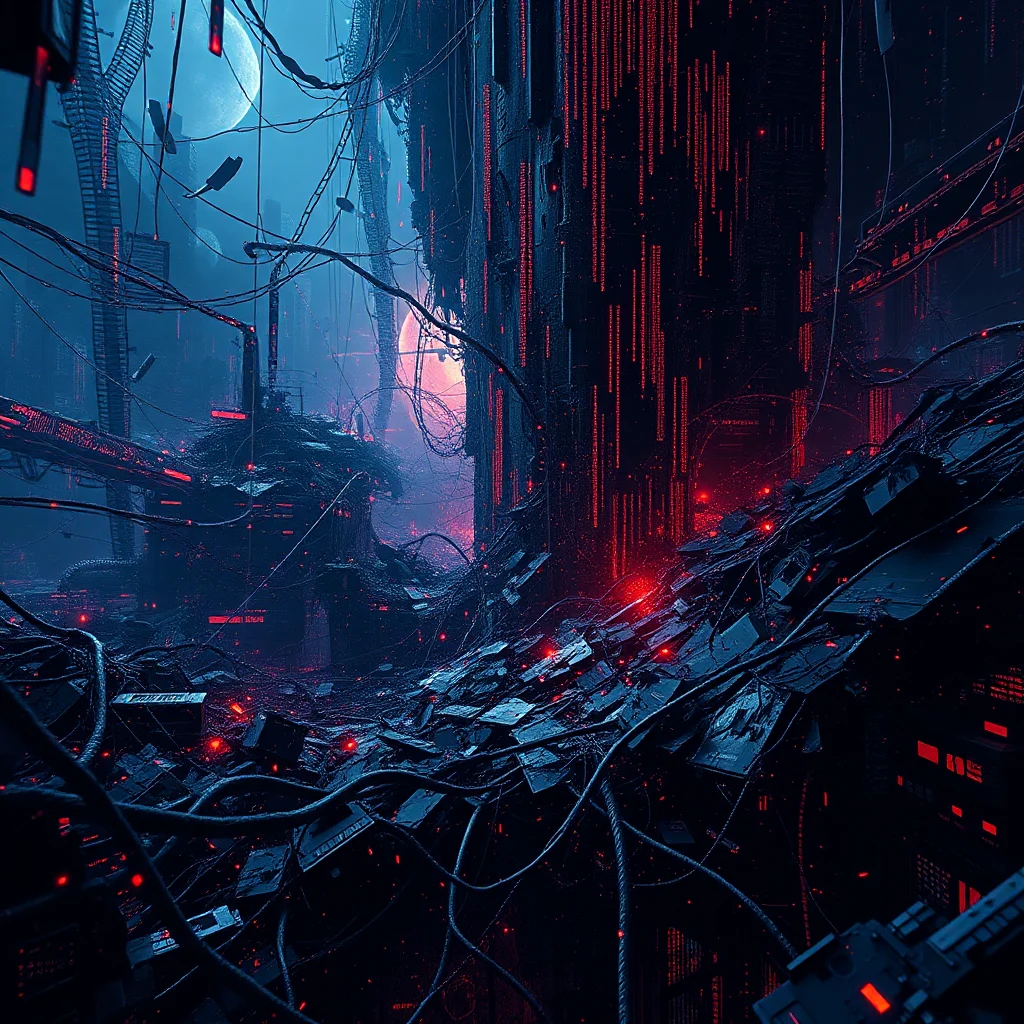 Cyberpunkowe miasto nocą z neonowymi czerwonymi światłami, kablami i budynkami pokrytymi kodem binarnym, z księżycem w tle.