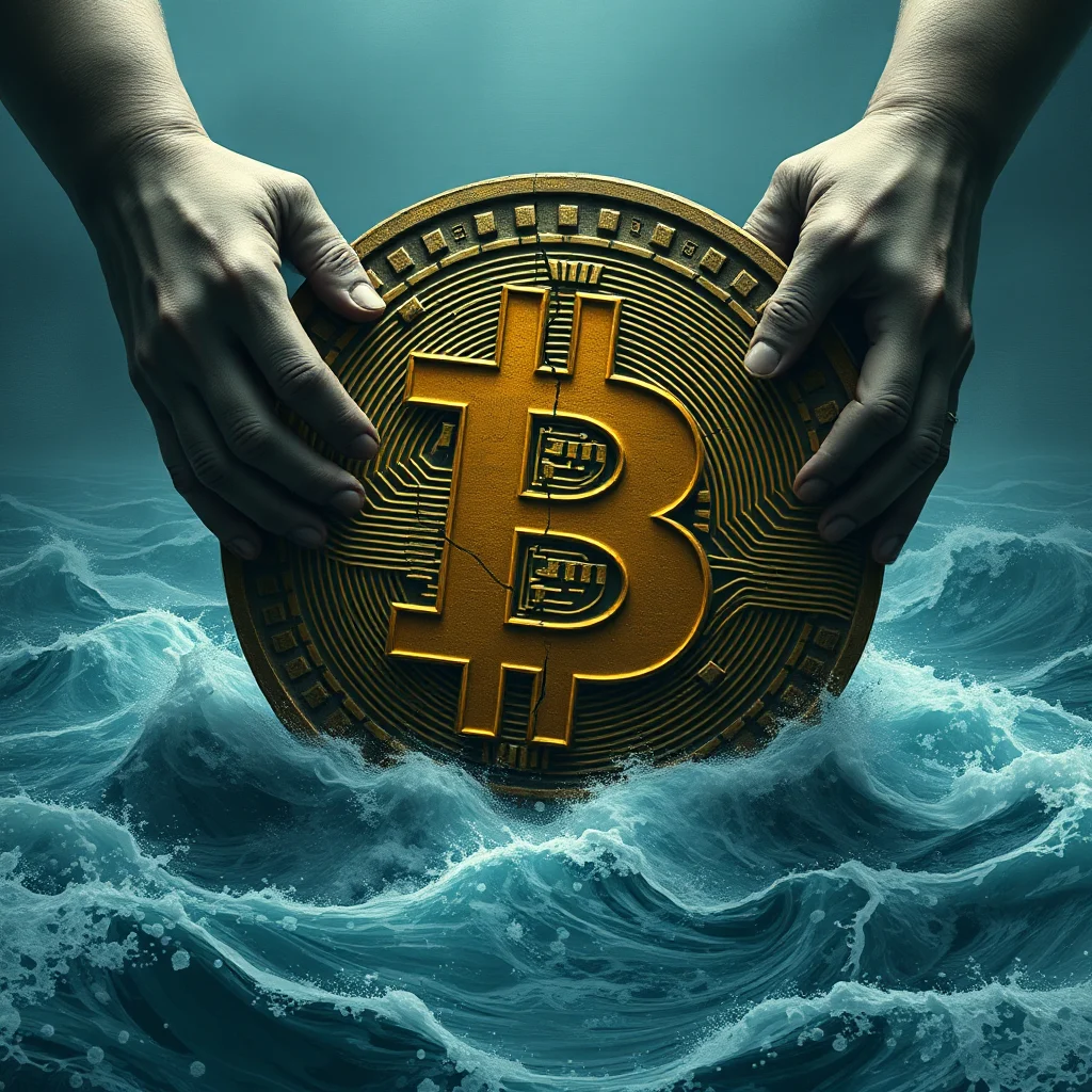 Dłonie trzymające dużą złotą monetę z symbolem Bitcoina, zanurzoną w spienionych falach oceanu.