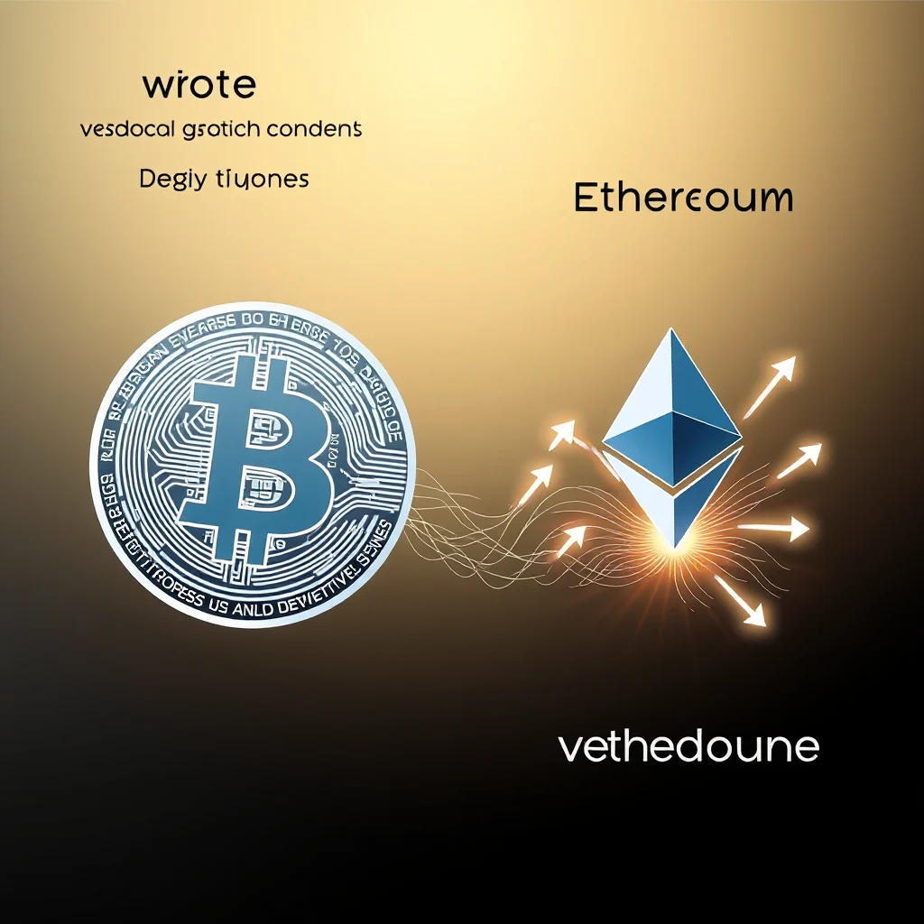 Obraz przedstawia ikonę Bitcoina po lewej stronie i ikonę Ethereum po prawej, z tekstem "wrote", "vesdocal gsotich condens" i "Degly tuones" nad Bitcoinem, oraz "Ethereum" i "vethedoune" nad Ethereum.