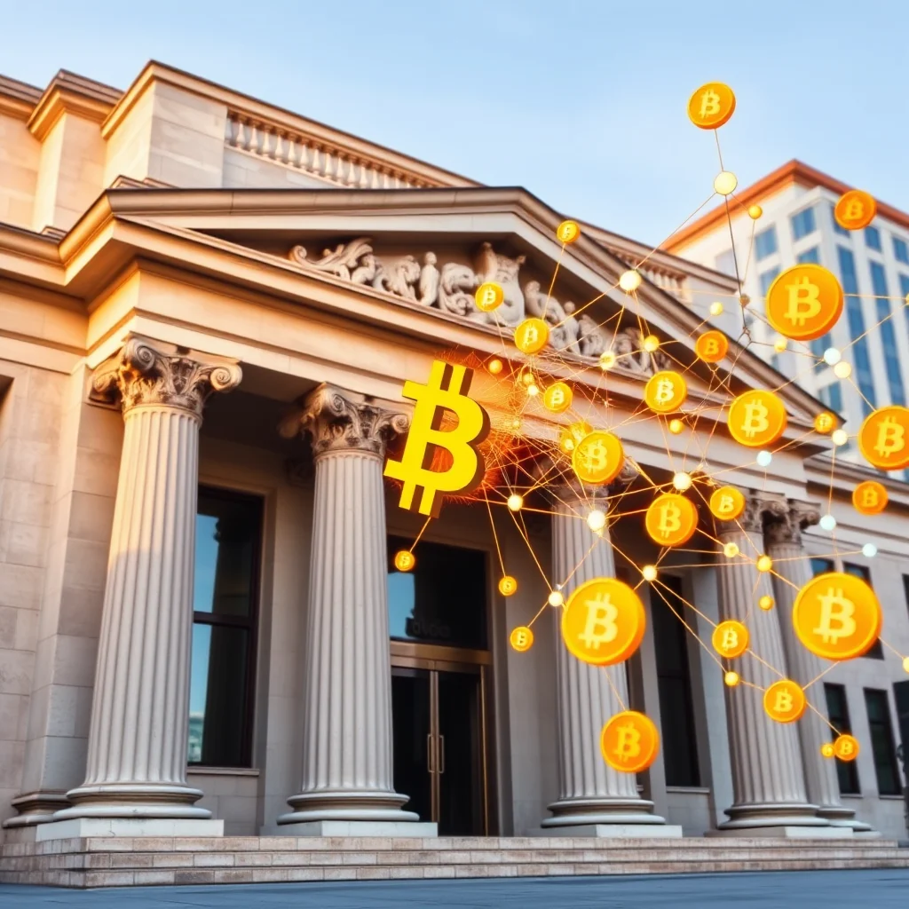 Złote monety Bitcoin wiszą w powietrzu na tle budynku banku z kolumnami, połączone liniami i węzłami.