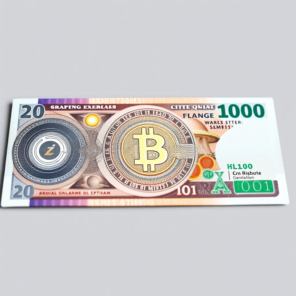 Banknot z symbolem Bitcoina i liczebnikami 20 i 1000.