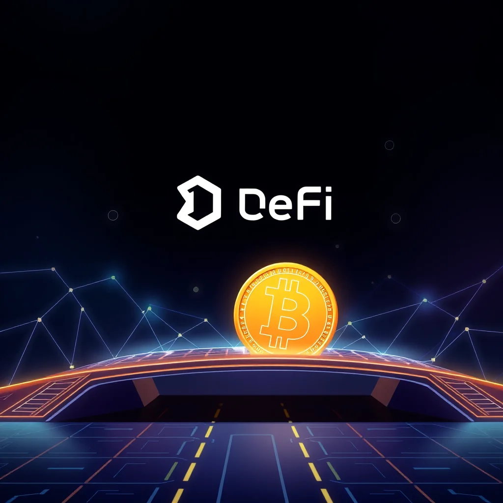 Logo DeFi z symbolem Bitcoina i futurystycznym tłem.
