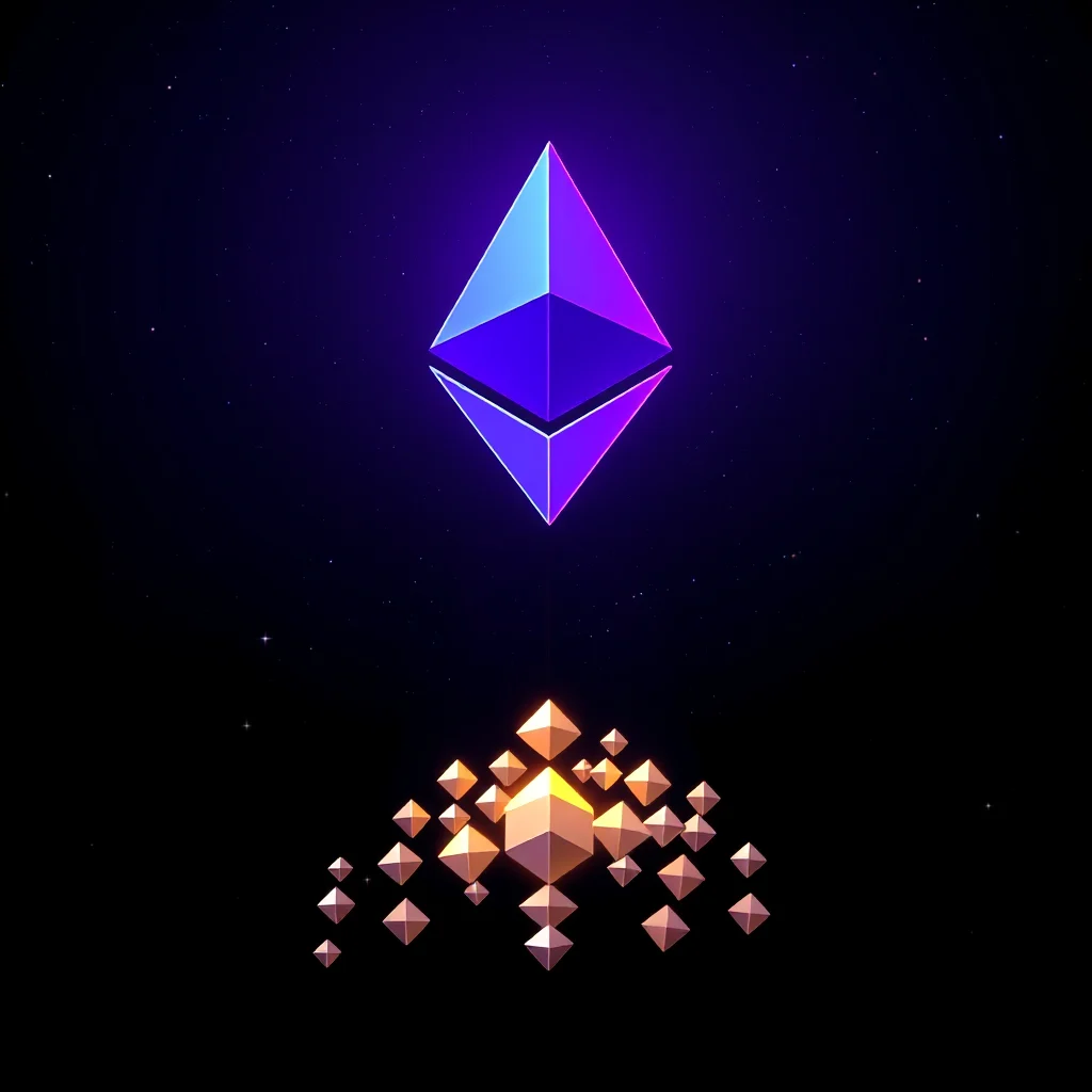 Wizerunek symbolu Ethereum w kolorach fioletowym i niebieskim na tle ciemnego nieba z gwiazdami, nad złotymi, piramidalnymi bryłami, z których jedna, centralna, jest jaśniejsza.