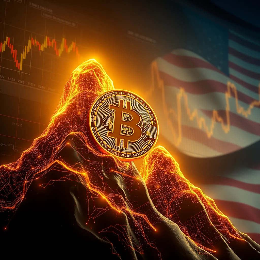 Złota moneta z symbolem Bitcoin znajduje się na świecącej, pomarańczowej, górzystej powierzchni, która przypomina obwody elektroniczne. W tle widnieje amerykańska flaga falująca na wietrze, a nad nią wykres giełdowy w kolorach pomarańczowym i czerwonym.