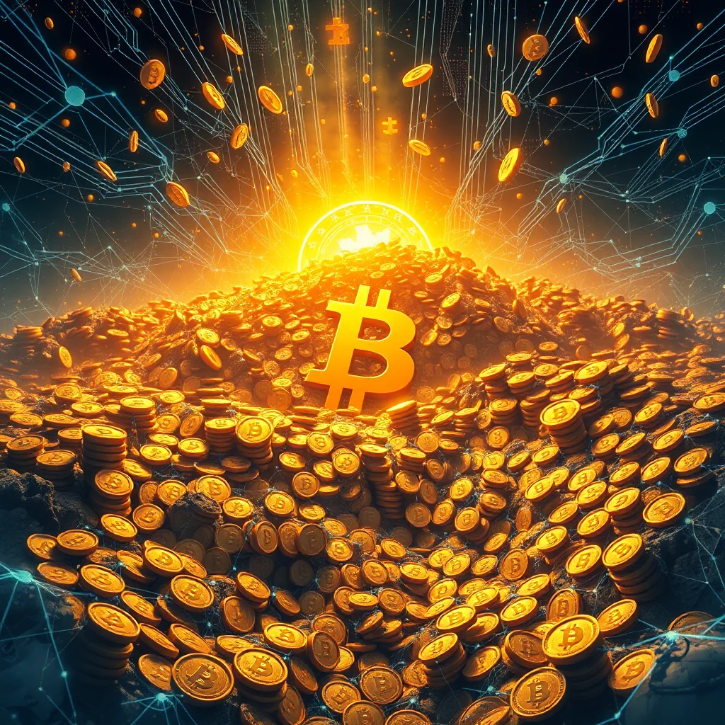 Góra złotych monet z symbolami Bitcoina na tle jaskrawego, gorącego światła i sieci cyfrowej.