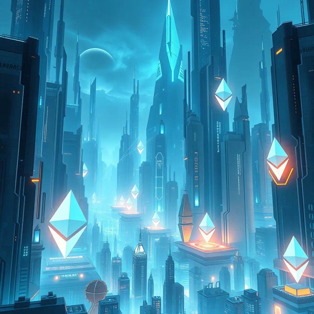 Cyberpunkowe miasto w neonowych niebieskich barwach, z wieloma wysokimi, nowoczesnymi budynkami i symbolami Ethereum unoszącymi się w powietrzu.