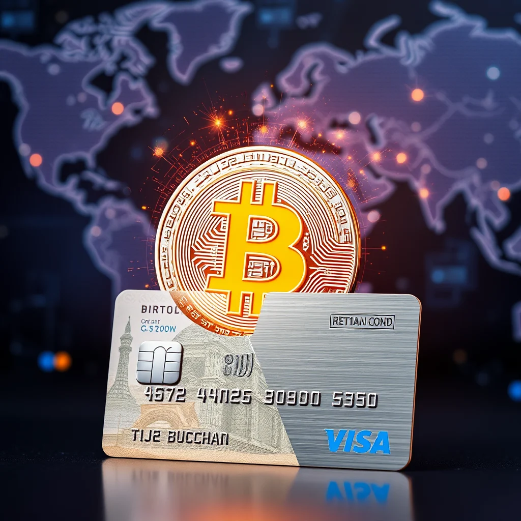 Srebrna karta płatnicza z hologramem Bitcoina na tle mapy świata.