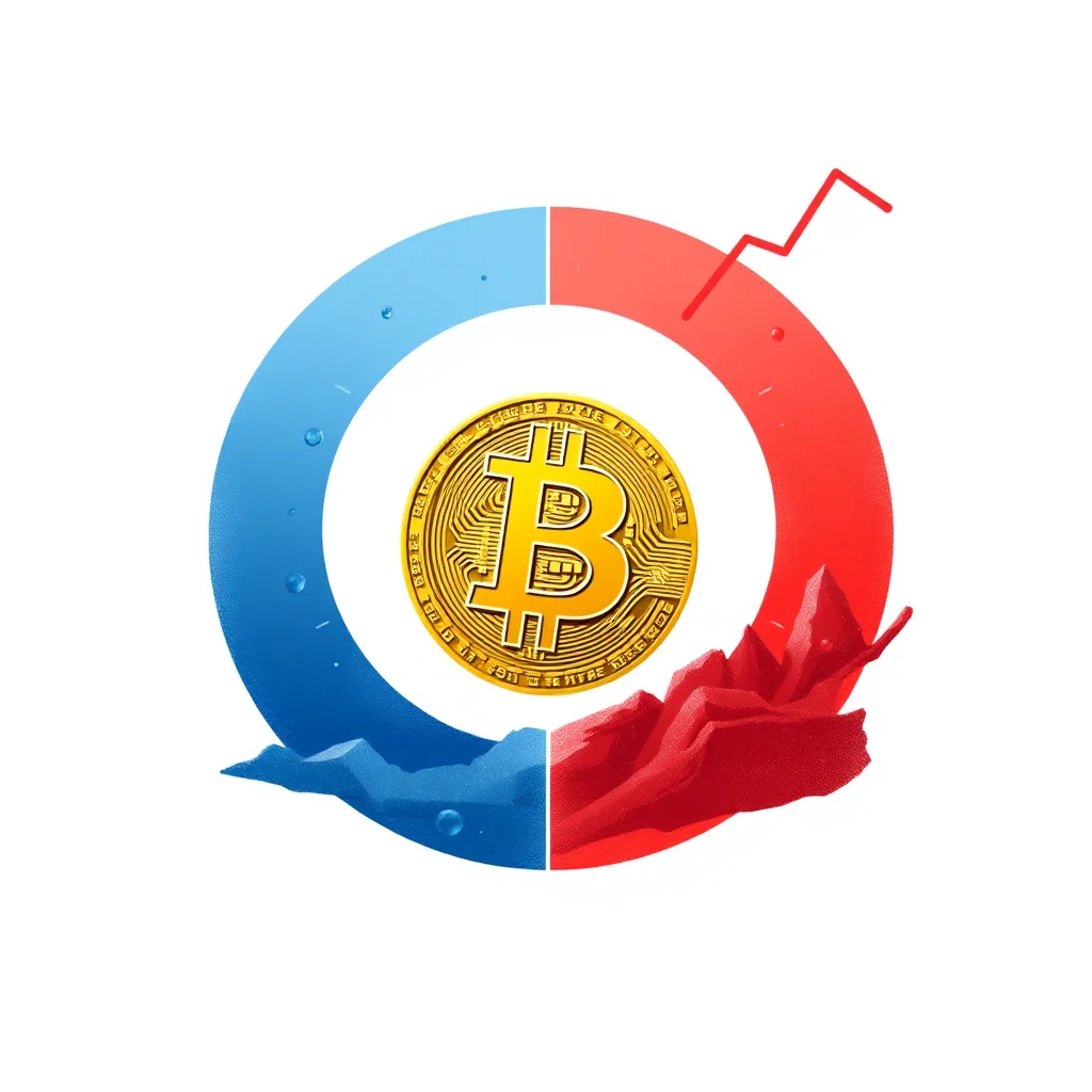 Złoty Bitcoin w okręgu podzielonym na dwie części: niebieską z kropelkami wody i czerwoną z wykresami wzrostu i górskimi kształtami.